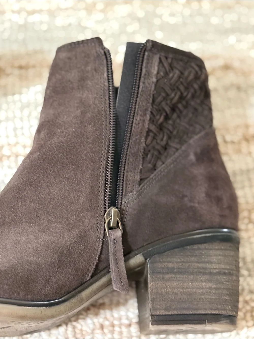 Joie Chocolate Brown Suede Ankle Booties Woven Detail Block Heel Zip Size 8.5
